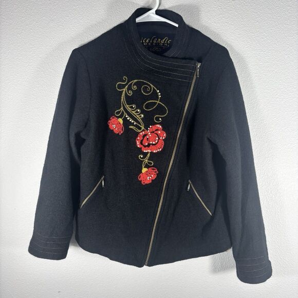 Icelandic Design Jackets & Blazers - Icelandic Designs Vintage Women’s Black Wool Floral Embroidered Zip Up Jacket XL